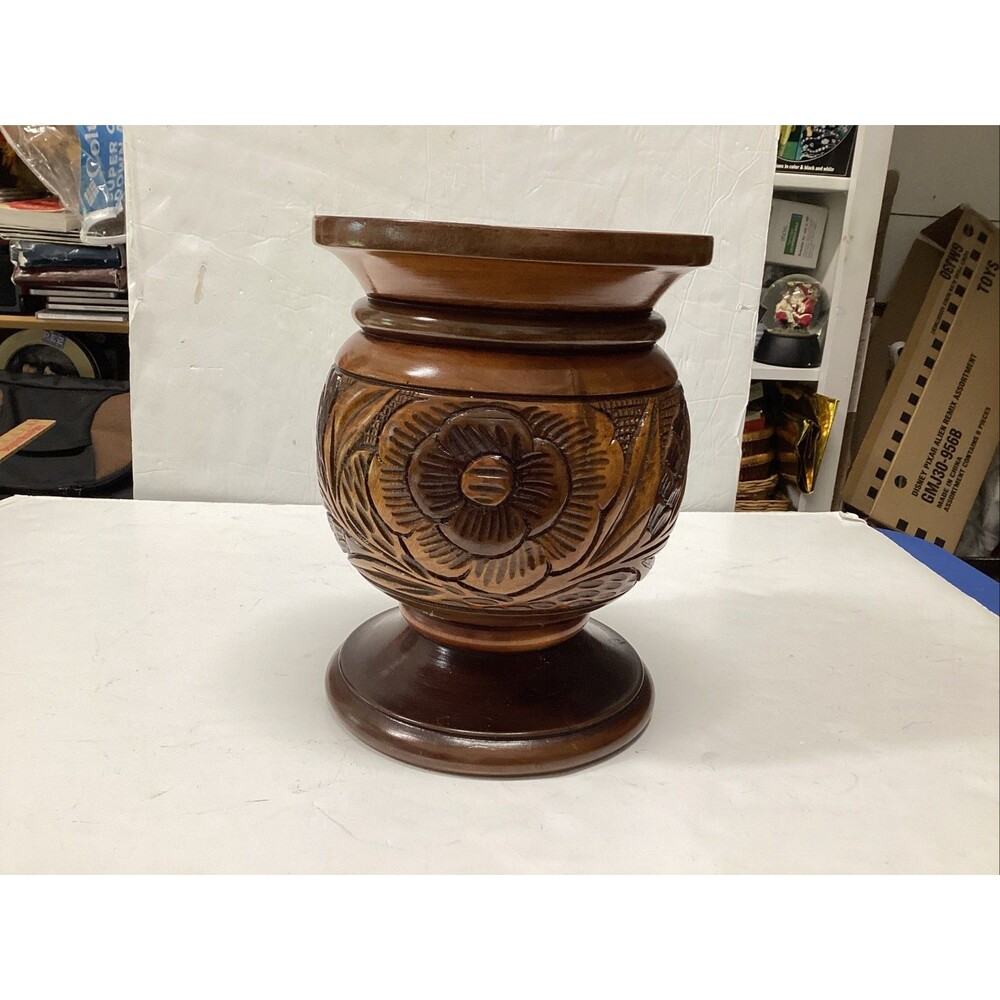vintage hand carved wooden planter floral folk art 9-1/4” footed